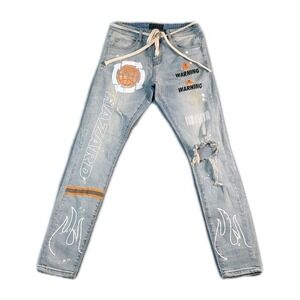 THRT Orange Hazard Denim Jeans Blue Distressed Graphic Streetwear Sz 30X32 Flaw